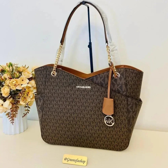 Michael Kors Purse jet set travel large chain tote shoulder bag brown signature - Picture 1 of 11